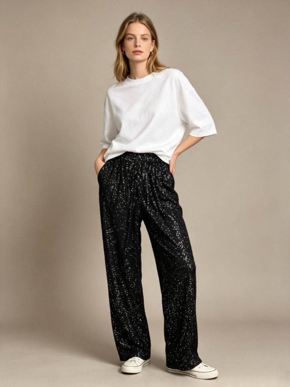 NWOT FARM Rio Black Sparkly Sequin Straight Leg Pants Stretch Pull On Size S